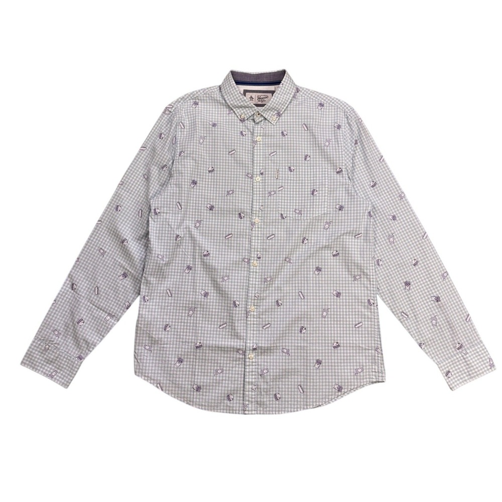 Original Penguin‎ Novelty Food Print Gingham Shirt L Blue Y2K EUC